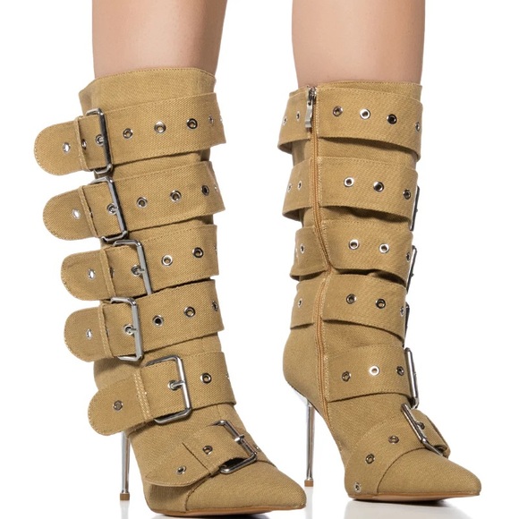 AKIRA Shoes - NWT. Azalea Wang Teaira Belt Buckle Heeled Boots in Khaki.  New With Tags.